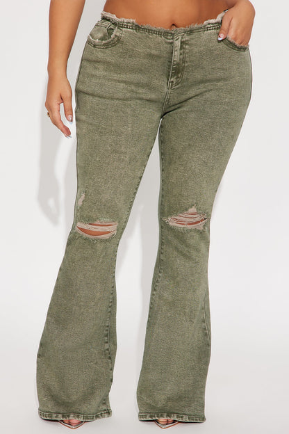 Highly Motivated Low Rise Flare Jeans - Olive