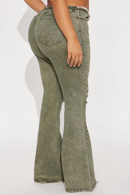 Highly Motivated Low Rise Flare Jeans - Olive