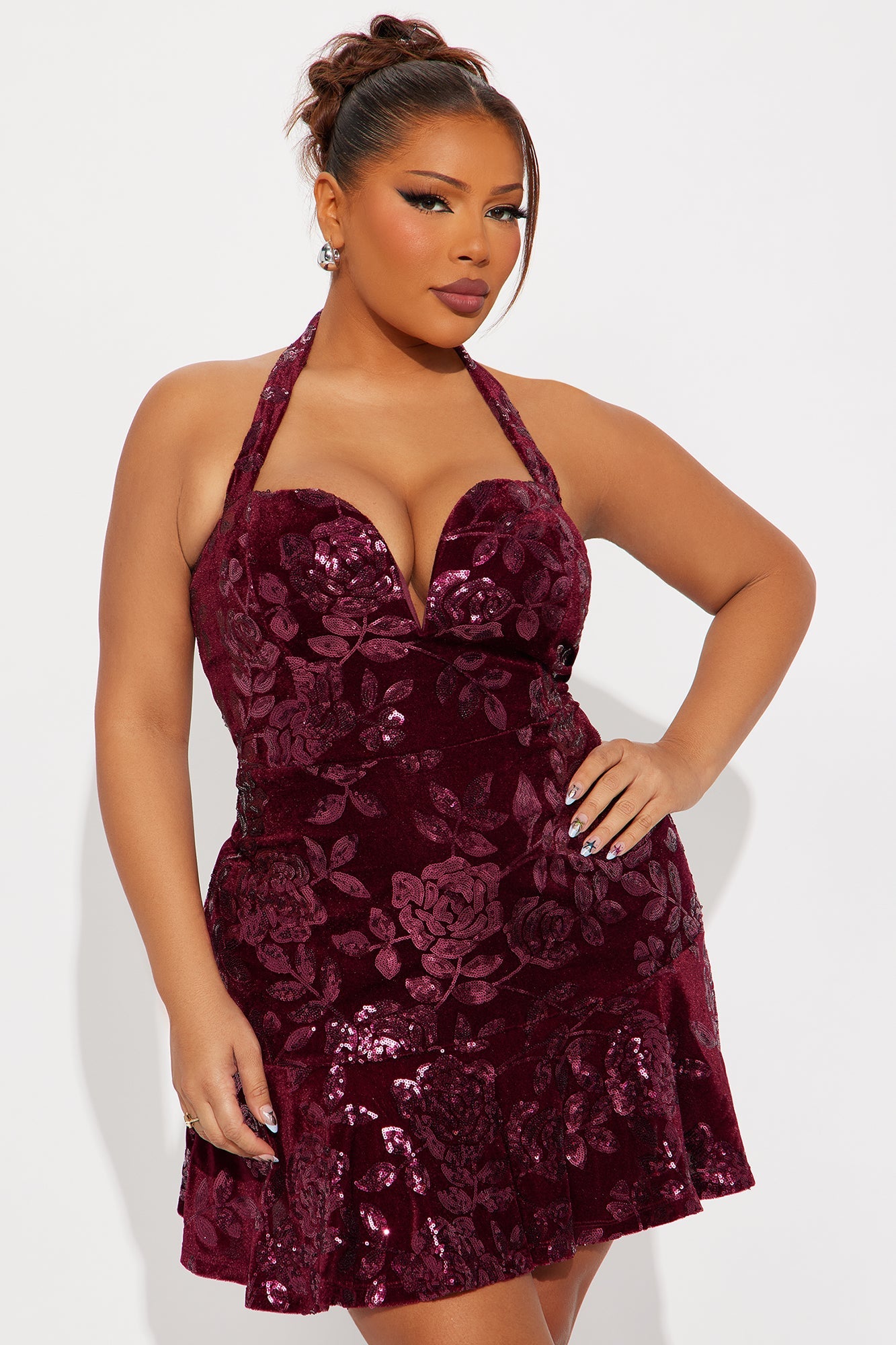 Breanna Sequin Velvet Mini Dress - Wine