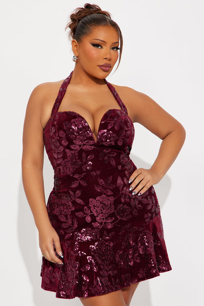 Breanna Sequin Velvet Mini Dress - Wine
