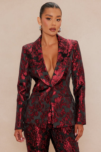 Crimson Touch Jacquard Blazer Pant Set - Red/Black
