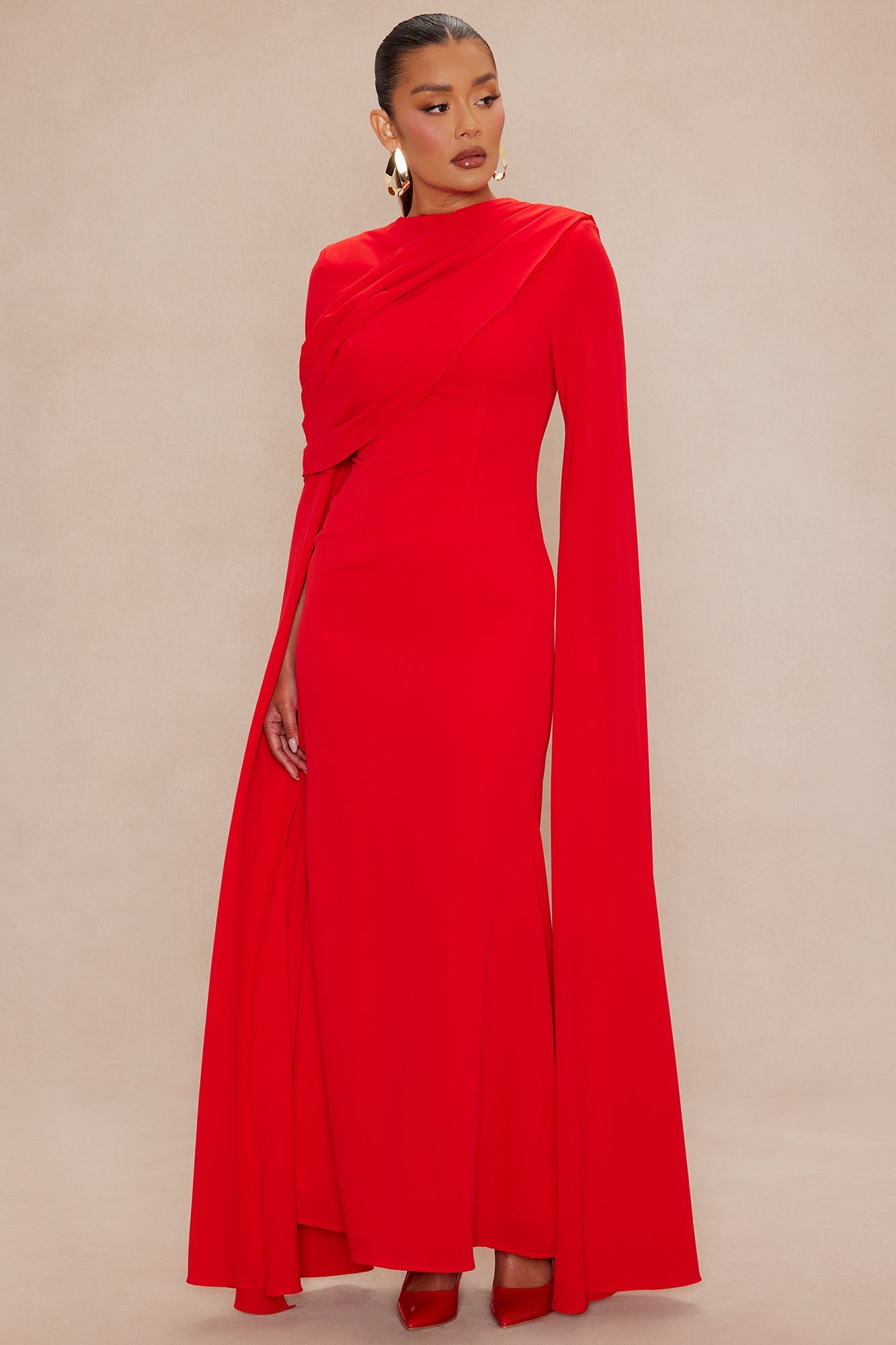 Vienne Draped Chiffon Maxi Dress - Red