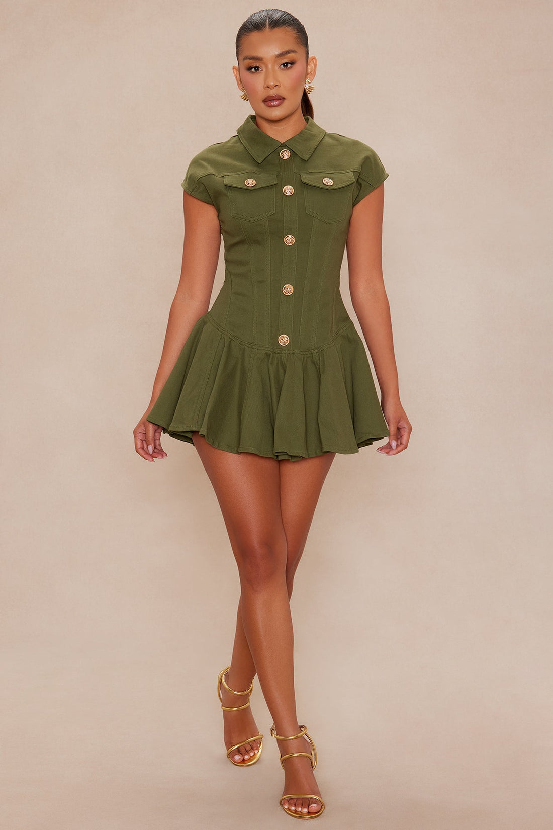 Dakota Pleated Denim Mini Dress - Olive