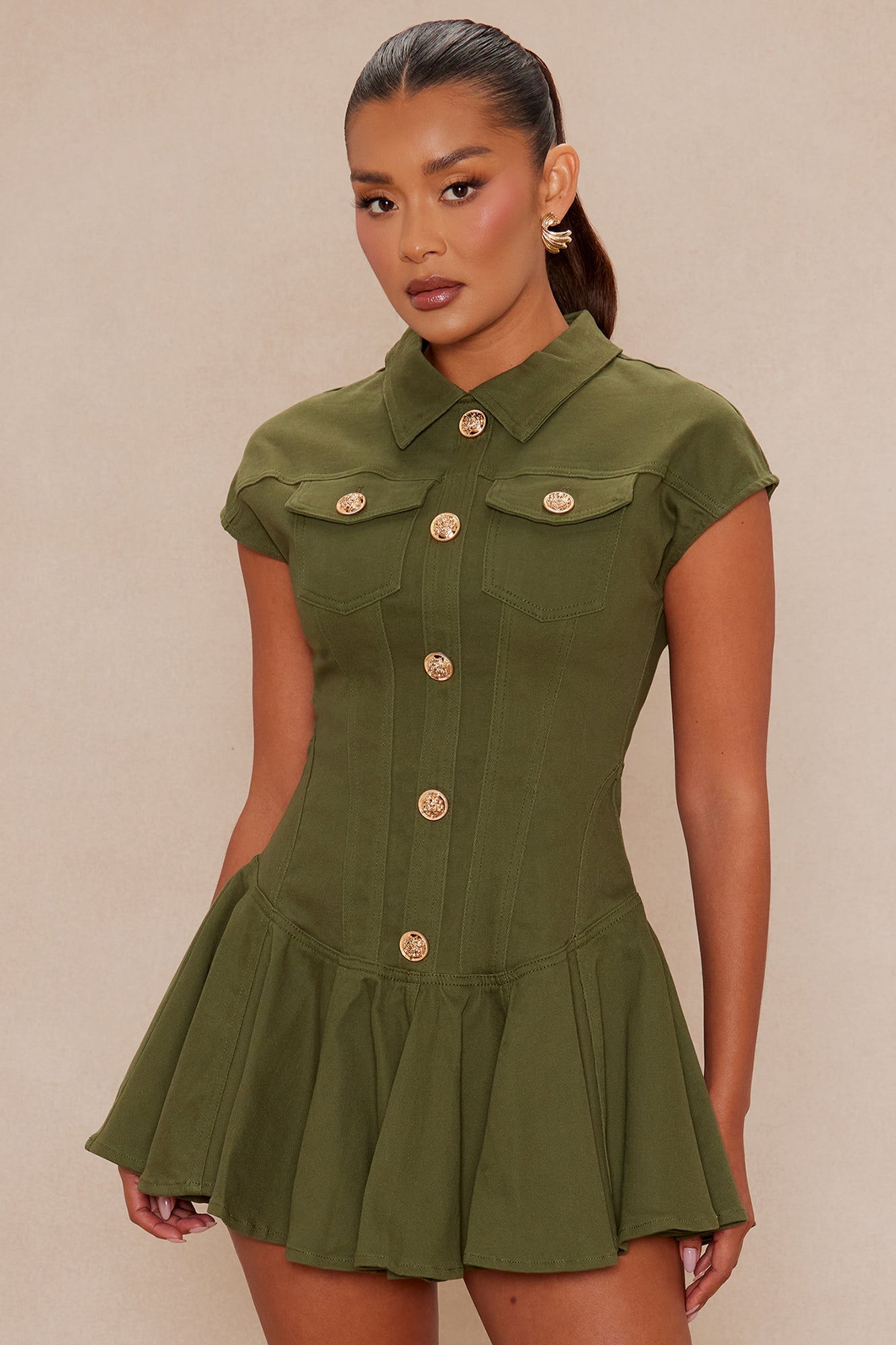 Dakota Pleated Denim Mini Dress - Olive