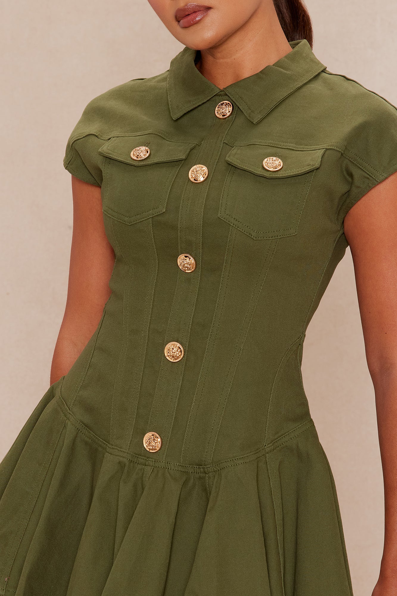 Dakota Pleated Denim Mini Dress - Olive
