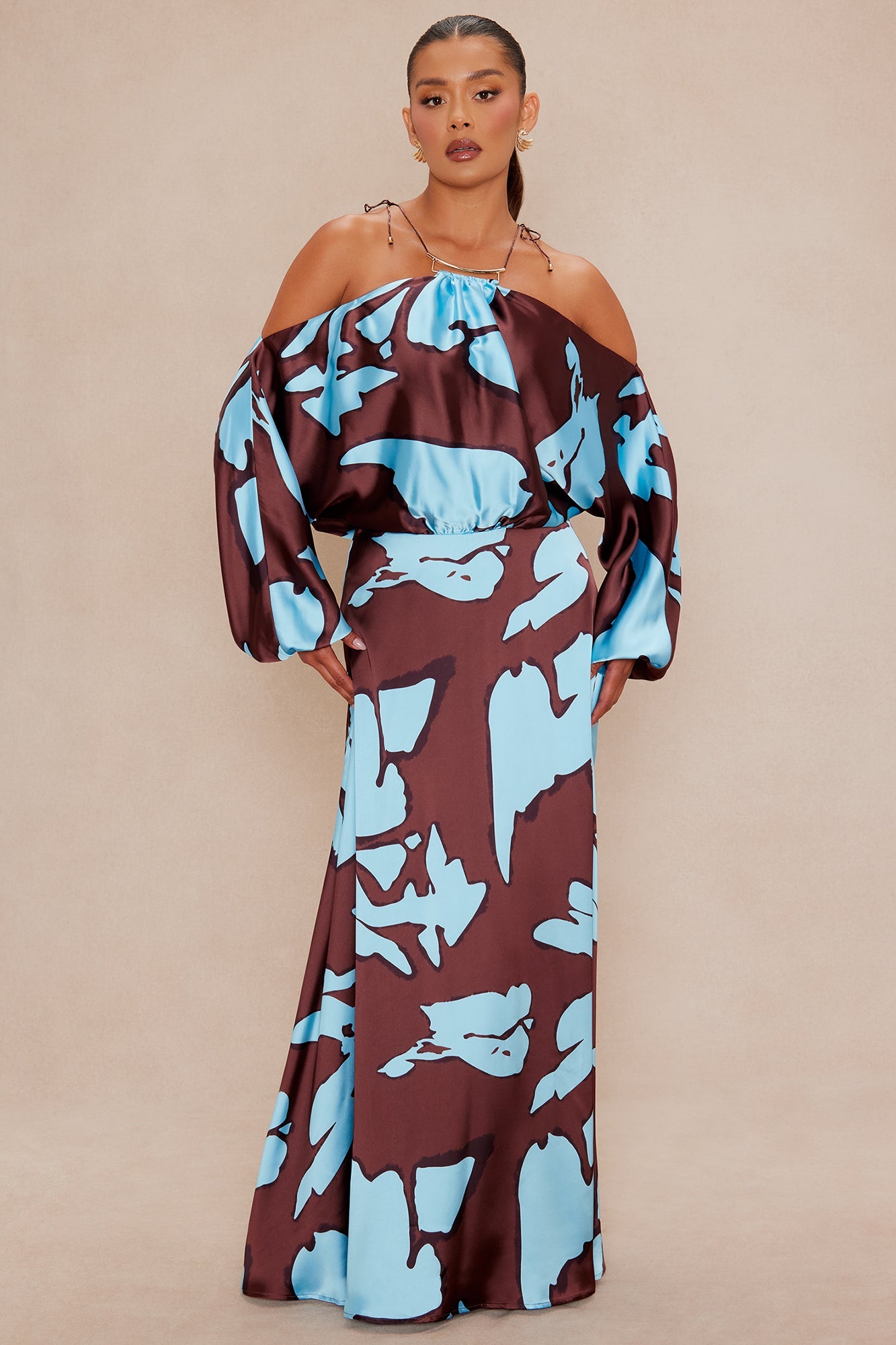 Vikki Satin Maxi Dress - Brown/combo