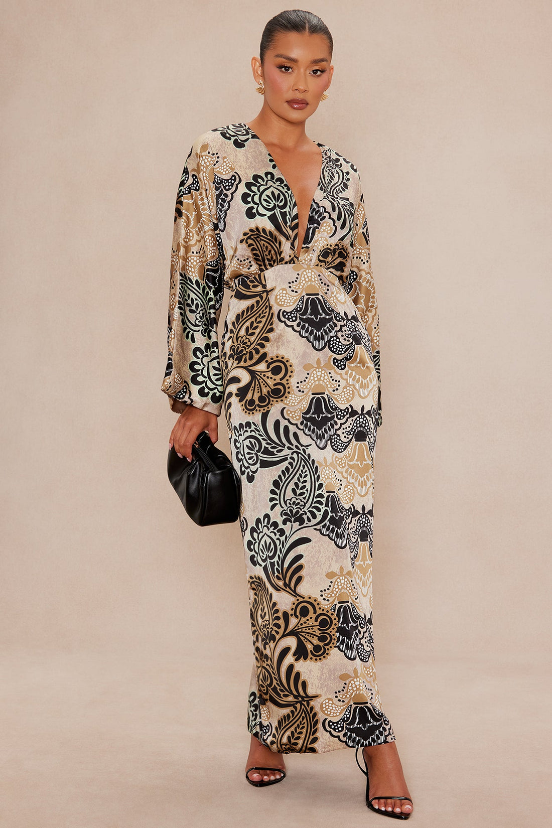 Mari Satin Maxi Dress - Taupe/combo