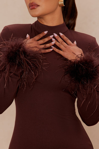 Cora Feathered Turtle Neck Mini Dress - Chocolate