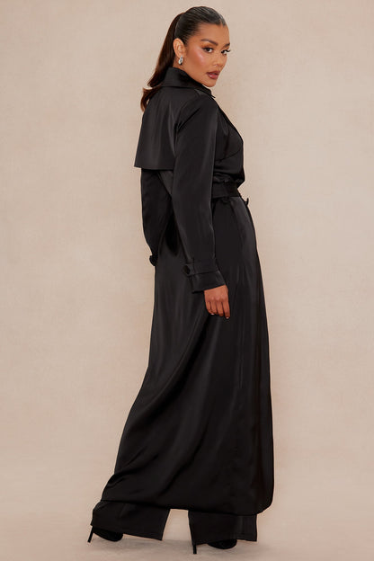 Gabriella Satin Trench Coat And Pant Set - Black