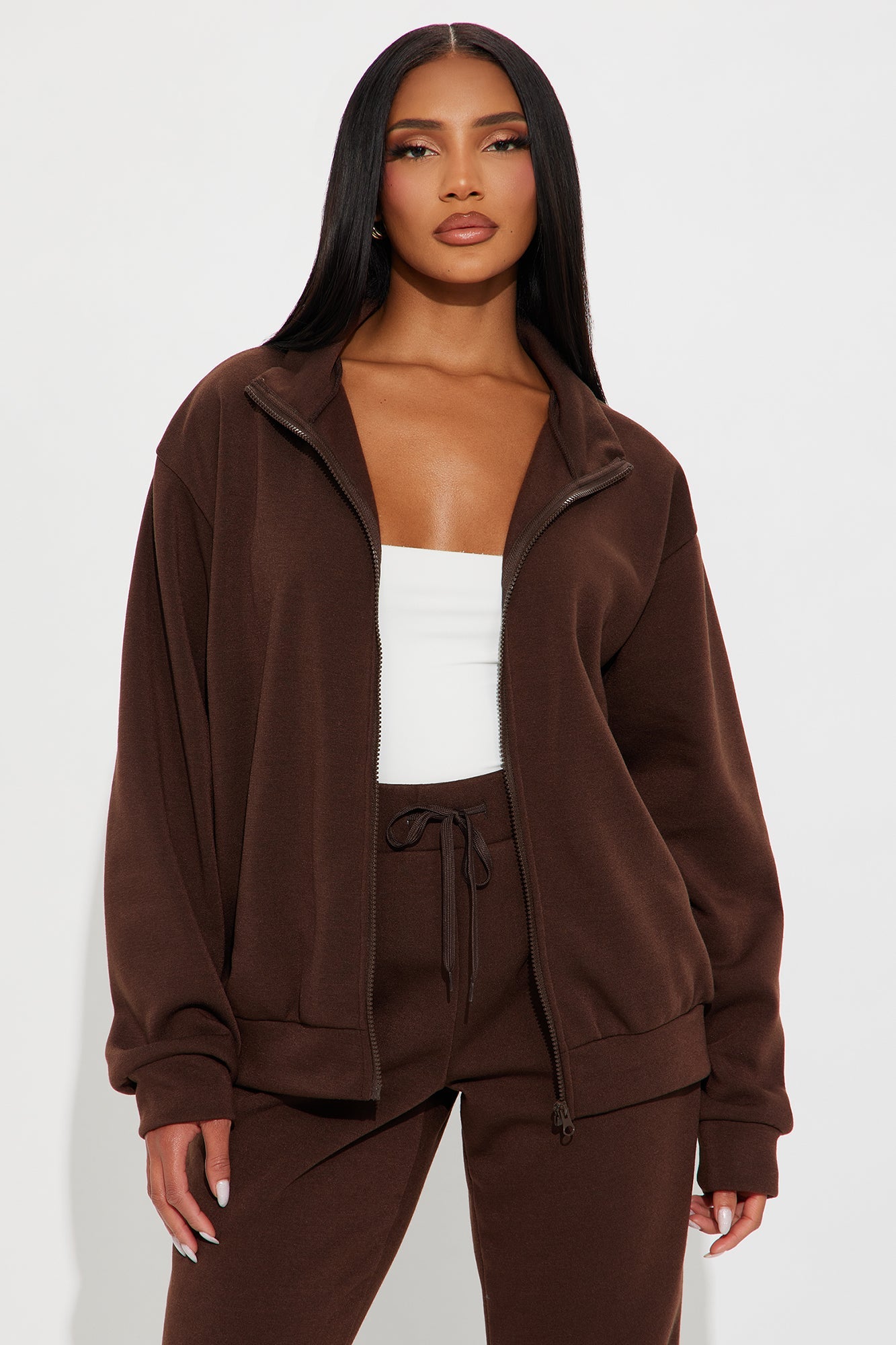 Demi Zip Up Fleece Pant Set - Chocolate