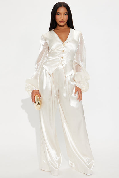 Whimsical Satin Balloon Sleeve Jumpsuit - Cream