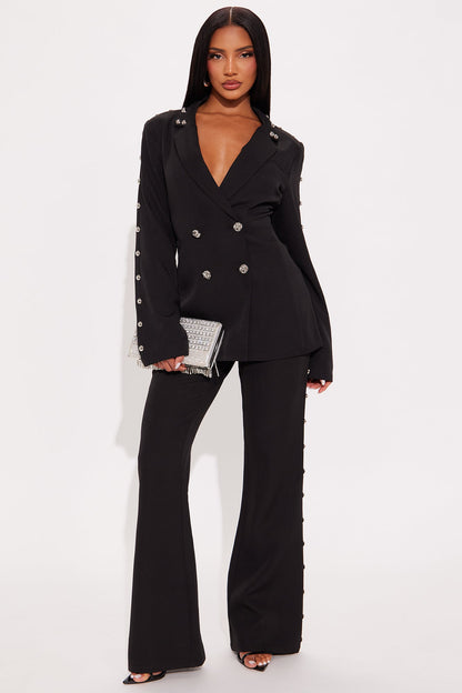Janice Studded Blazer Pant Set - Black