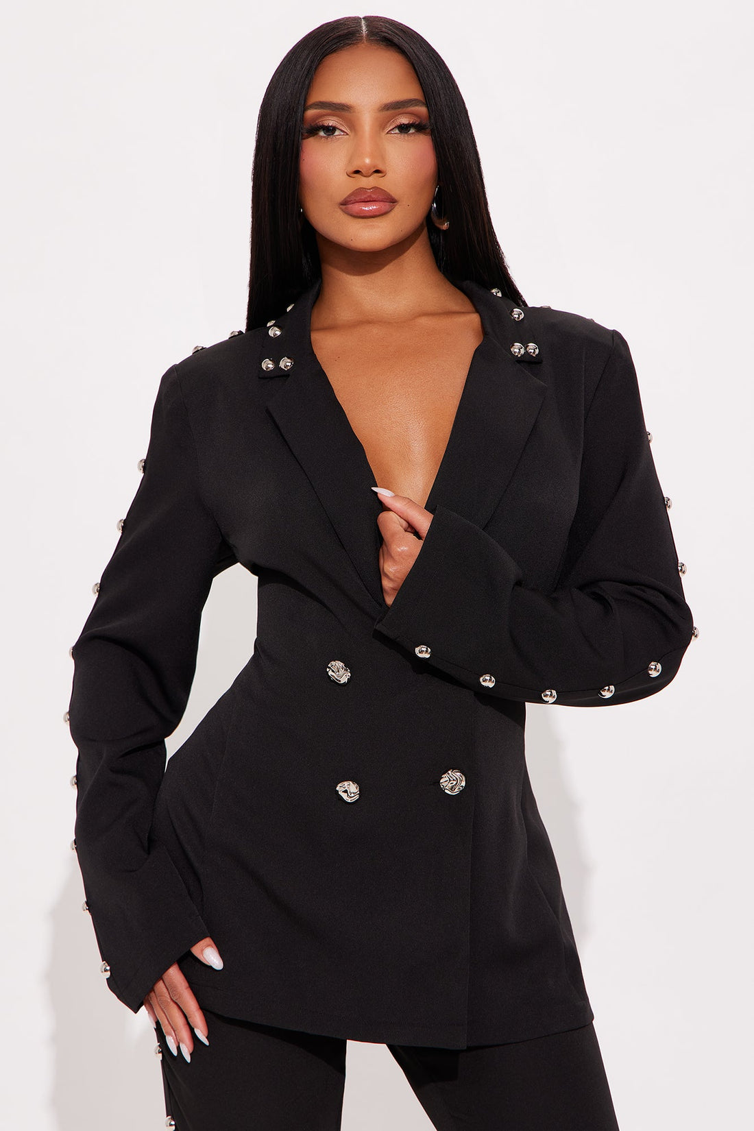 Janice Studded Blazer Pant Set - Black
