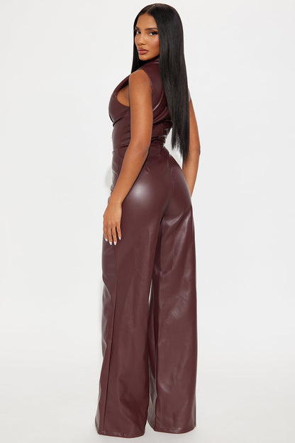 Isadora Faux Leather Wide Leg Jumpsuit - Burgundy