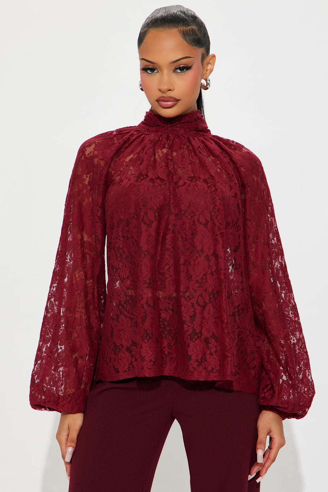 Finer Taste 2 Piece Lace Shirt Set - Wine