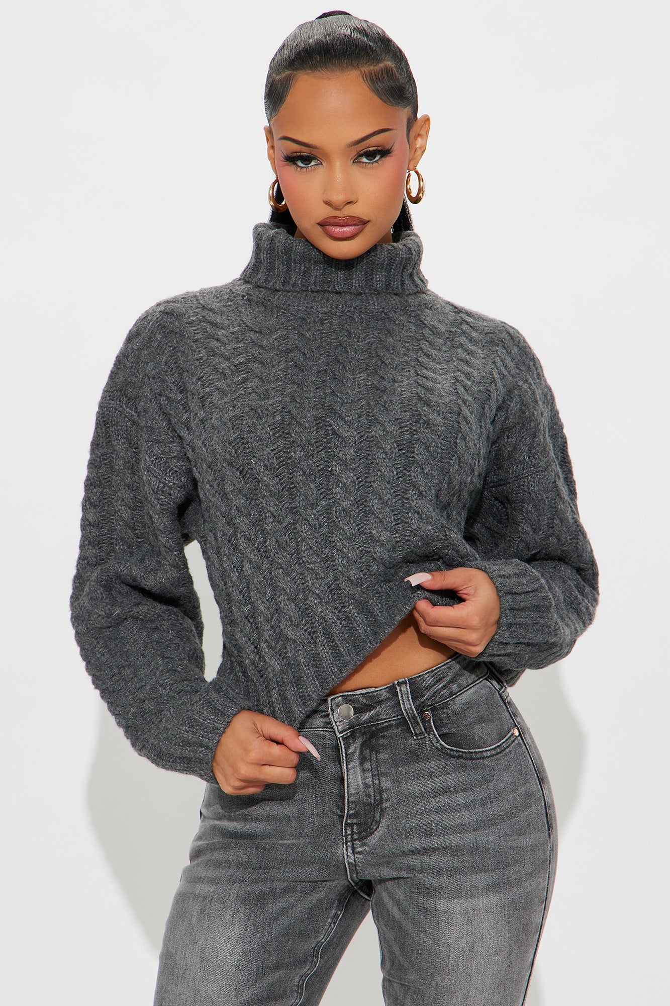 Warm Vibes Cable Knit Sweater - Charcoal