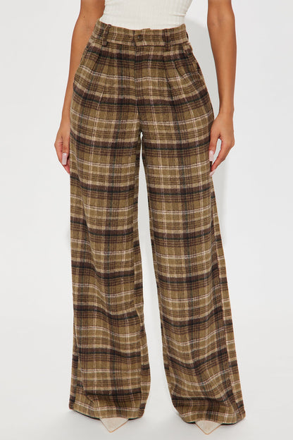 Out Your League Plaid Wide Leg Pant 33″ - Brown/combo