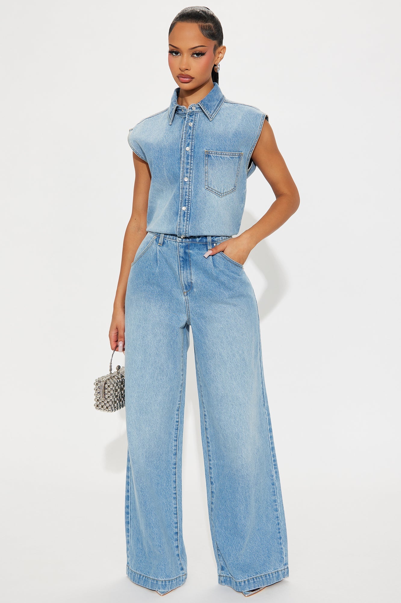 Celestine Denim Wide Leg Jumpsuit - Medium Wash