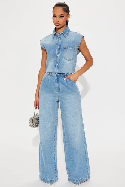 Celestine Denim Wide Leg Jumpsuit - Medium Wash