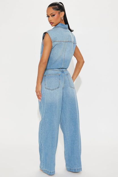 Celestine Denim Wide Leg Jumpsuit - Medium Wash