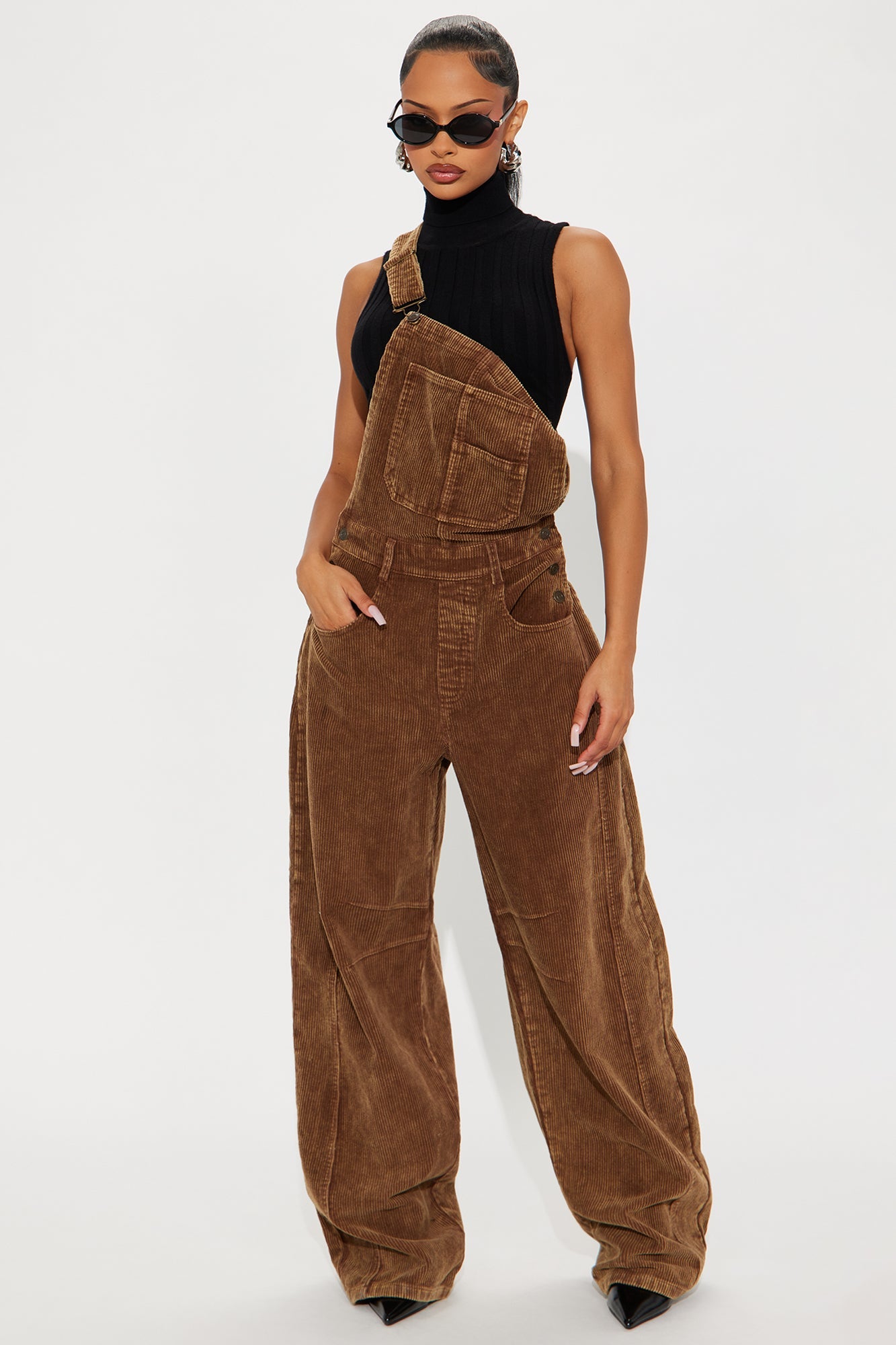 Brielle Washed Corduroy Overalls Jumpsuit - Brown
