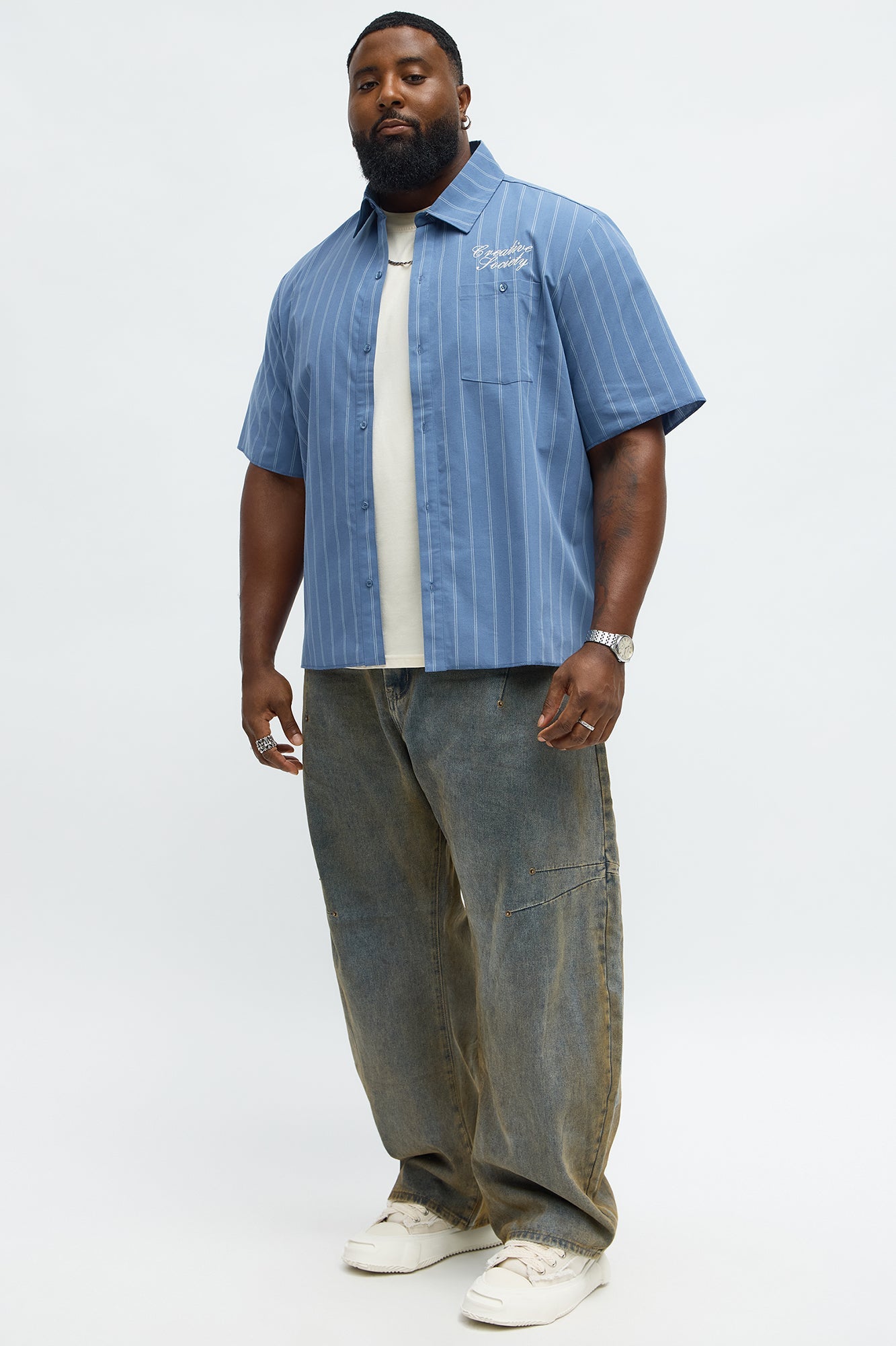 Creative Society Raw Hem Mechanic Button Up Shirt - Blue