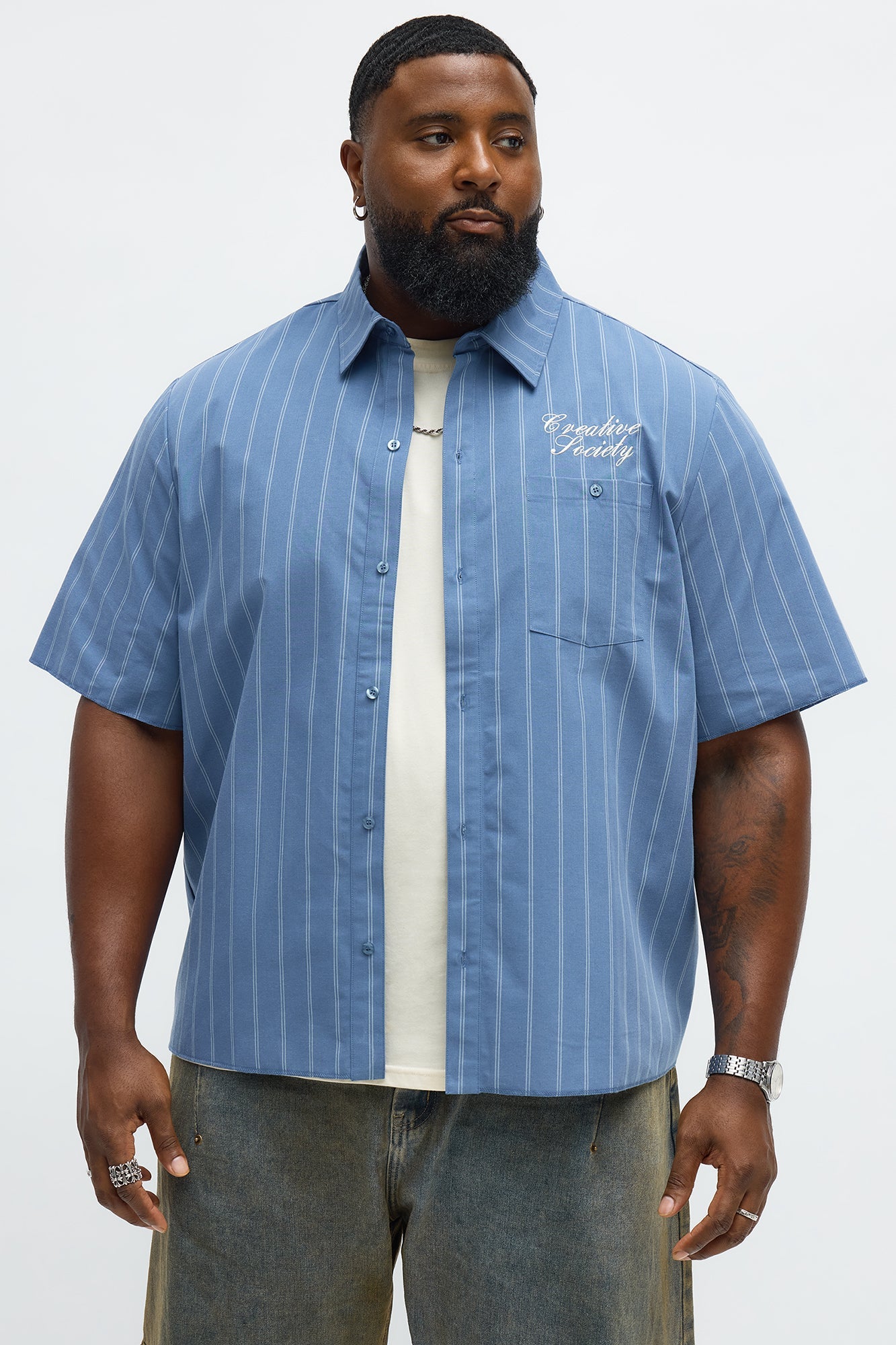 Creative Society Raw Hem Mechanic Button Up Shirt - Blue