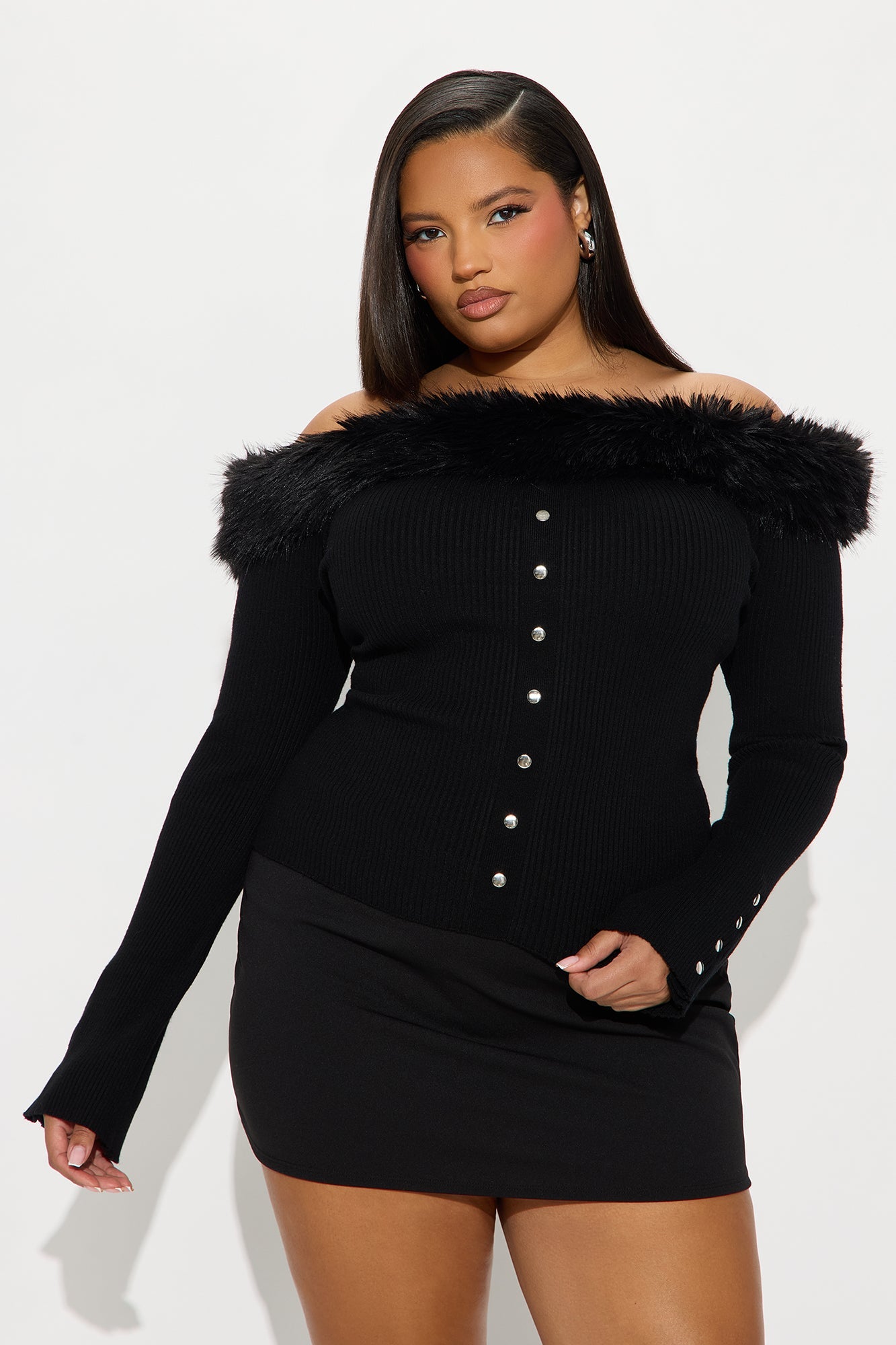 Vera Fur Trim Off Shoulder Sweater Top - Black