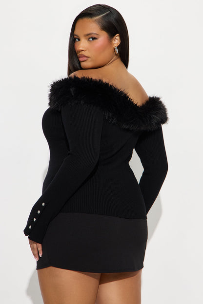 Vera Fur Trim Off Shoulder Sweater Top - Black