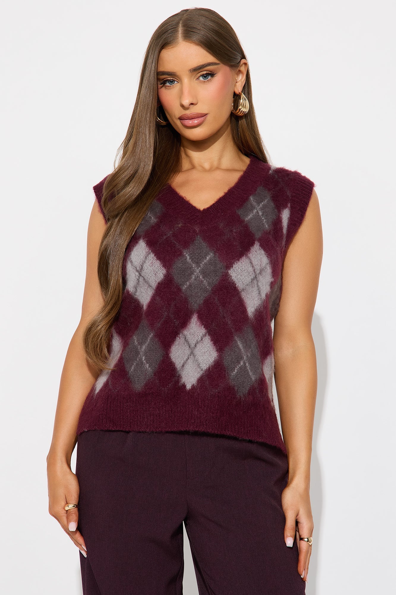 Chic Happens Argyle Sweater Vest - Burgundy/combo