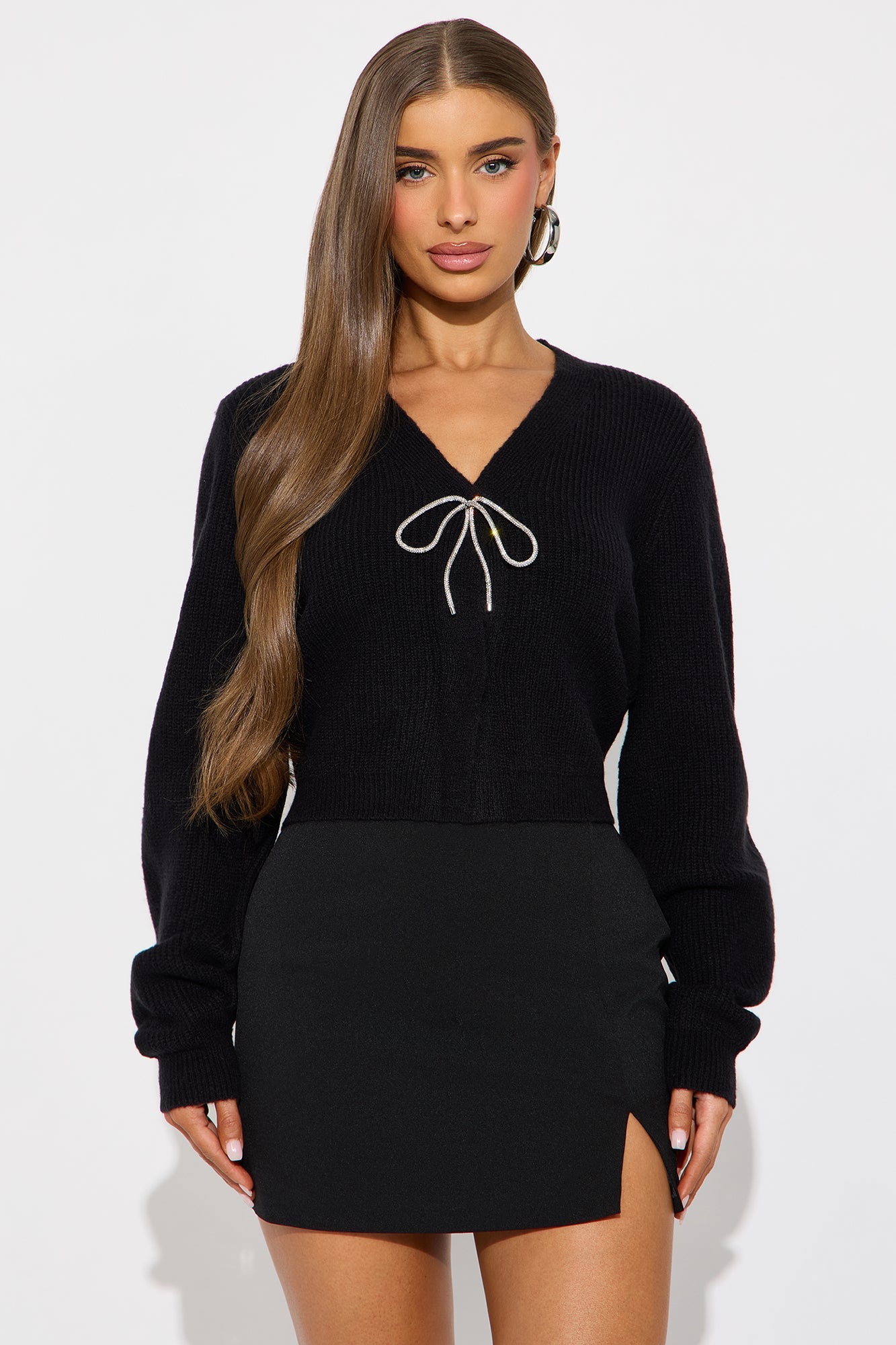A Little Rhinestone Bow Cardigan - Black