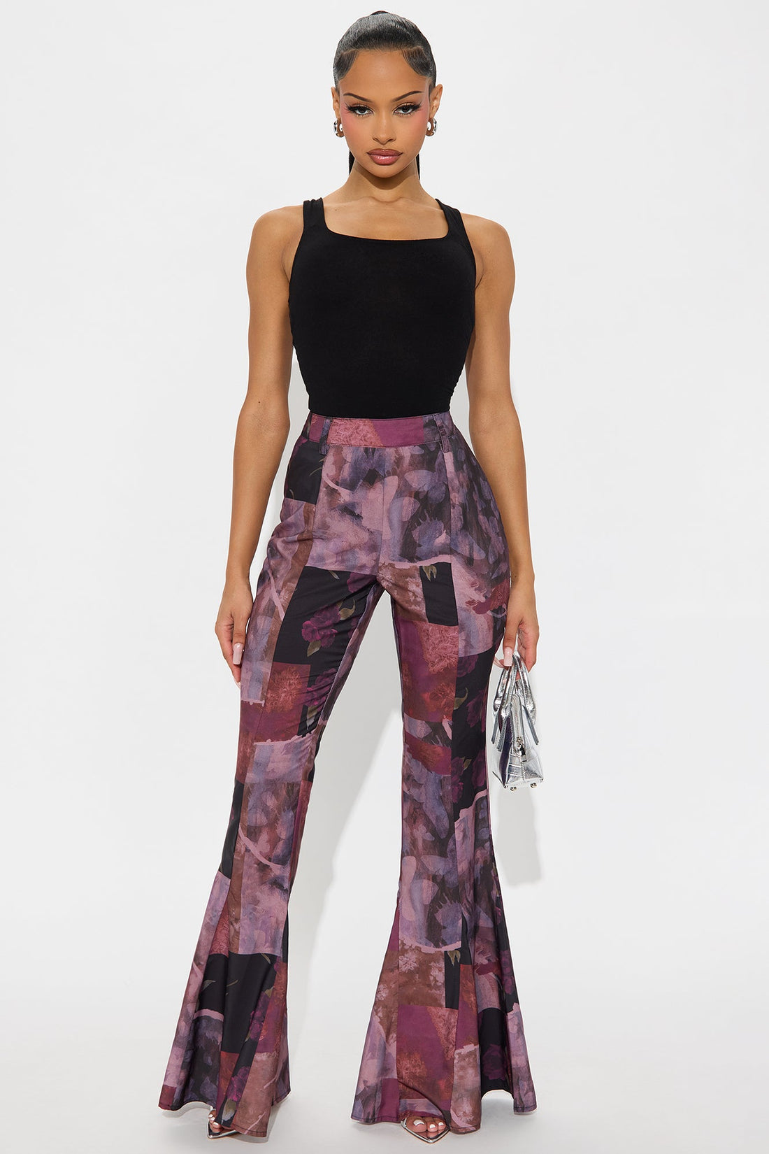 Winnie Abstract Floral Flare Pant 34″ - Plum/Multi