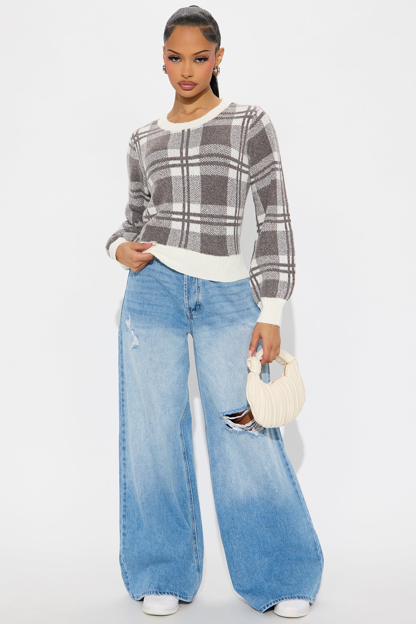 Plaid About You Crew Neck Pullover Sweater - Brown/combo