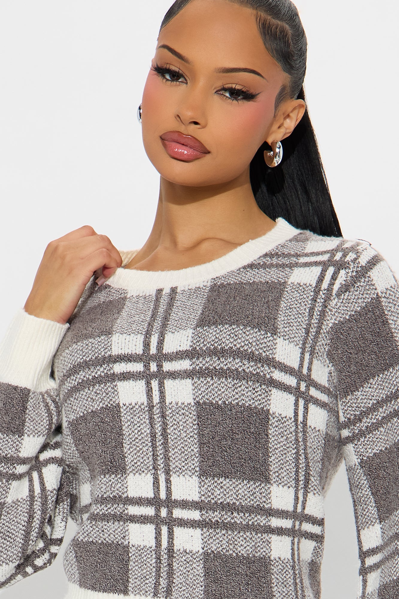 Plaid About You Crew Neck Pullover Sweater - Brown/combo