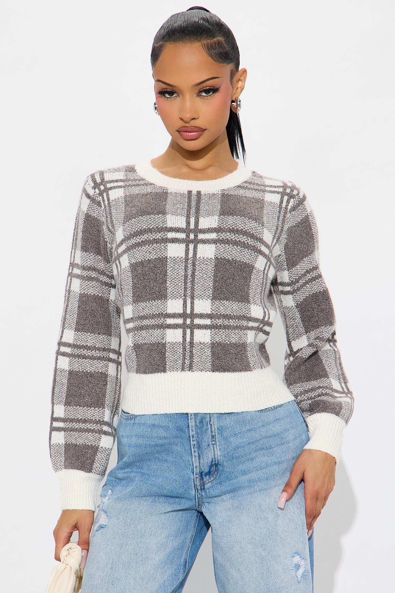 Plaid About You Crew Neck Pullover Sweater - Brown/combo
