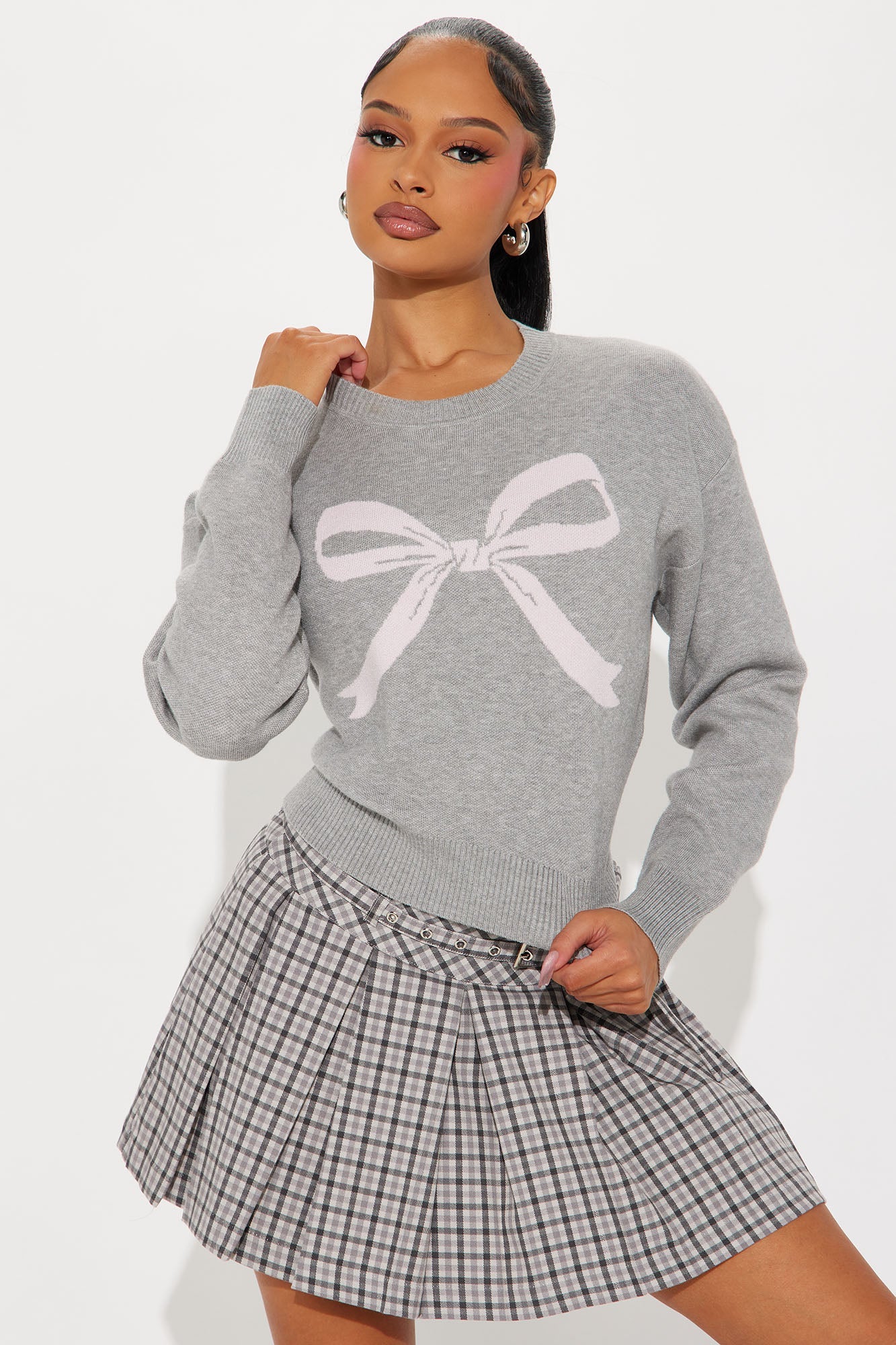 Bow On Top Sweater - Grey/combo
