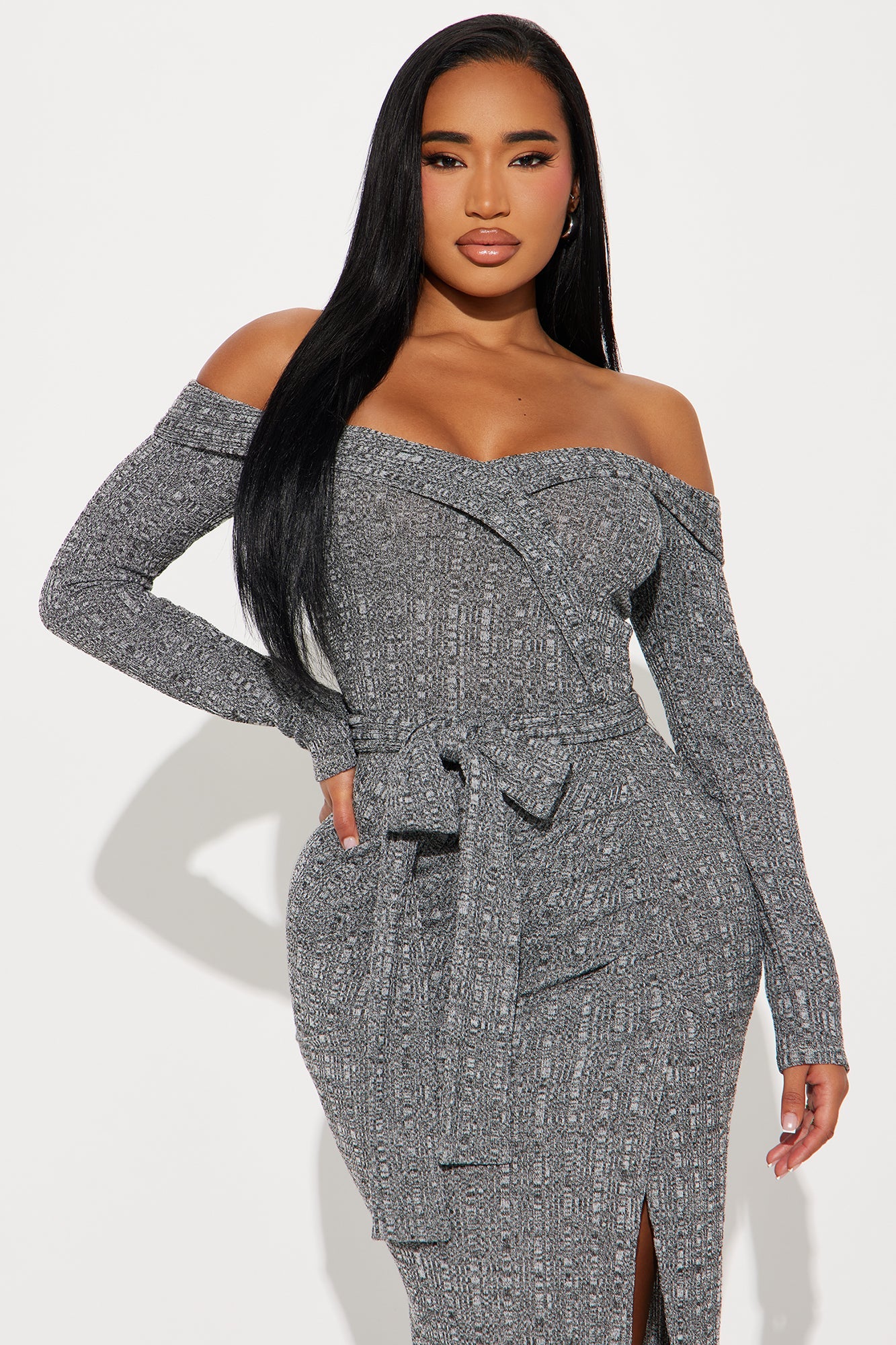 Selene Off Shoulder Sweater Maxi Dress - Heather Grey