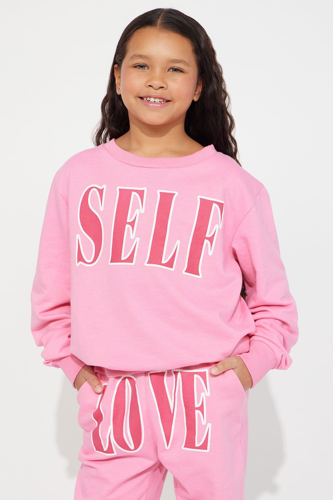 Mini Self Love French Terry Crew Pant Set - Pink