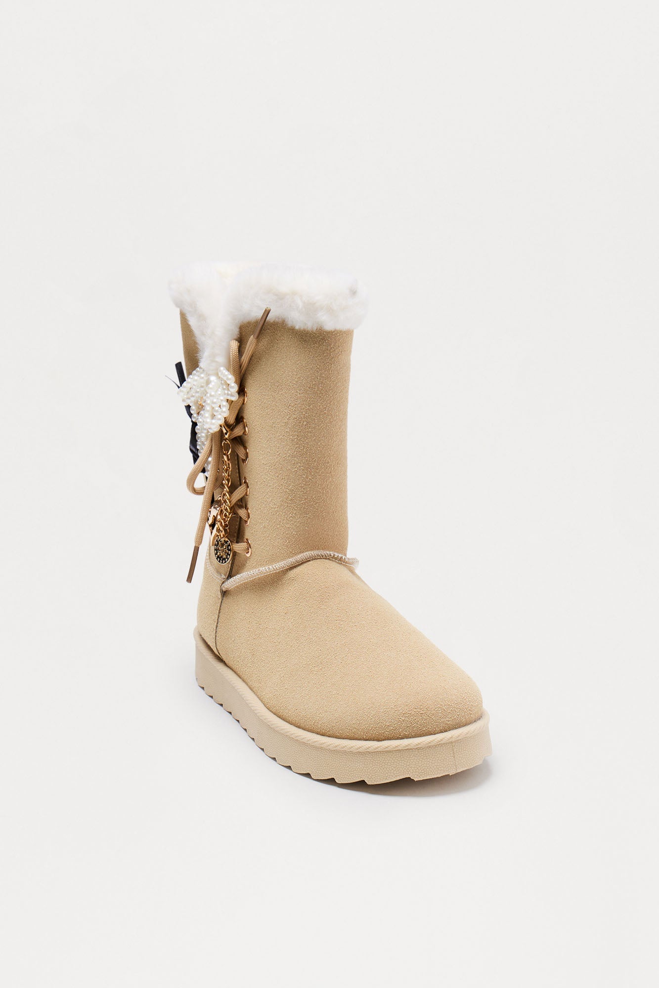 Yasmia Embellished Fur Trim Booties - Sand