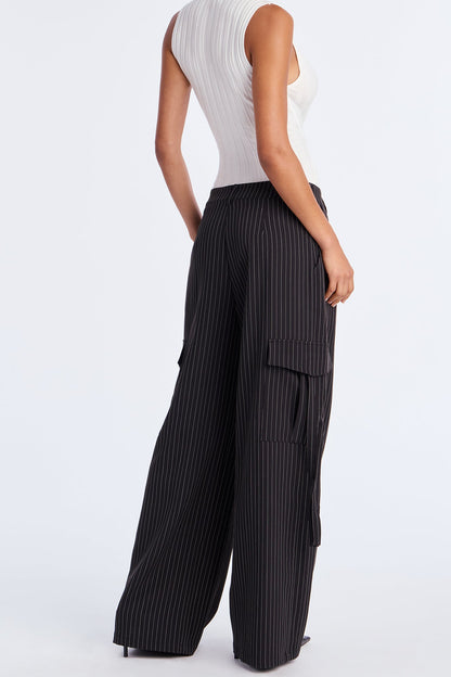Atiya Pinstripe Wide Leg Cargo Pant 32″ - Black/White
