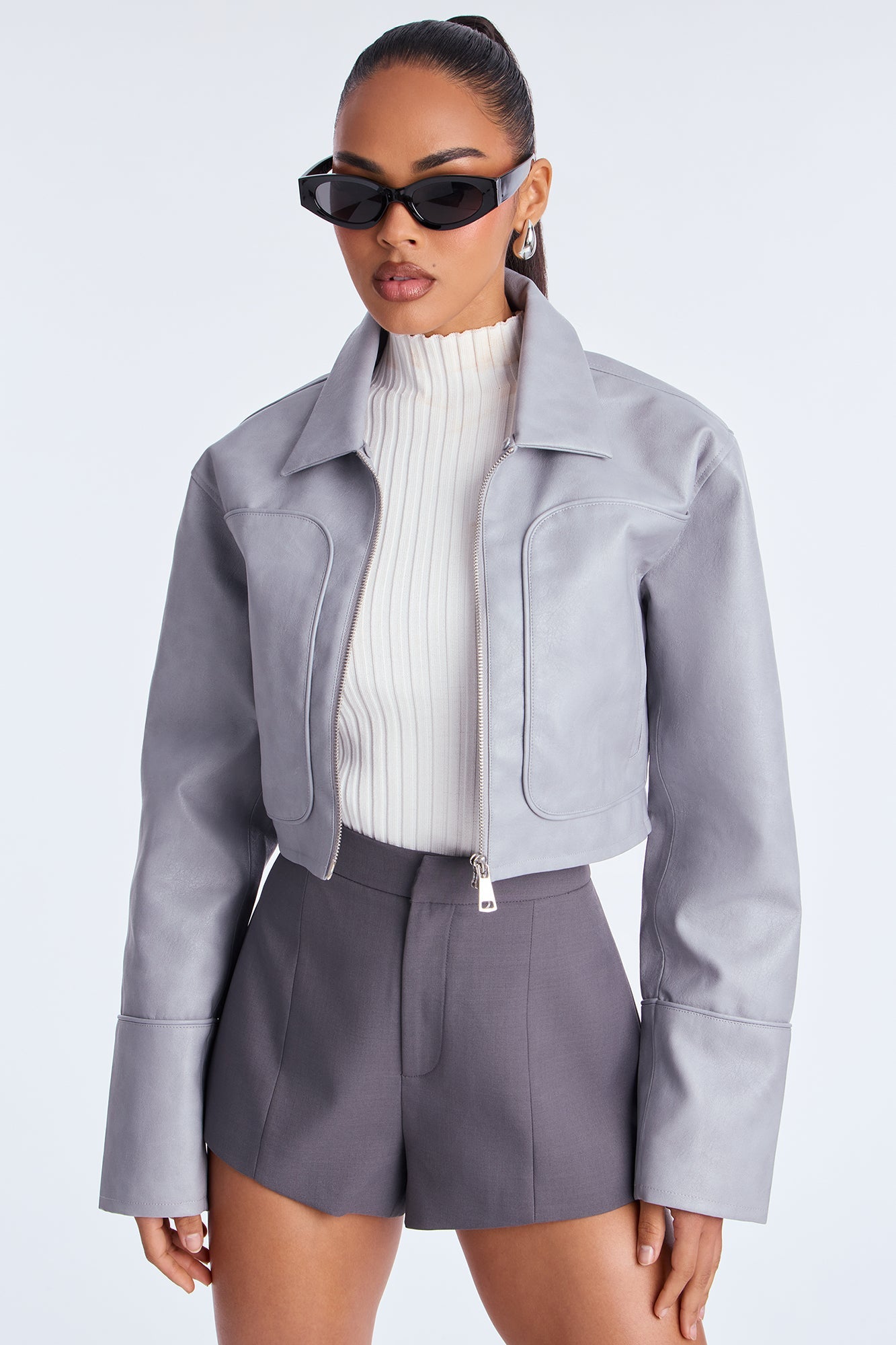 Fly High Faux Leather Cropped Jacket - Grey