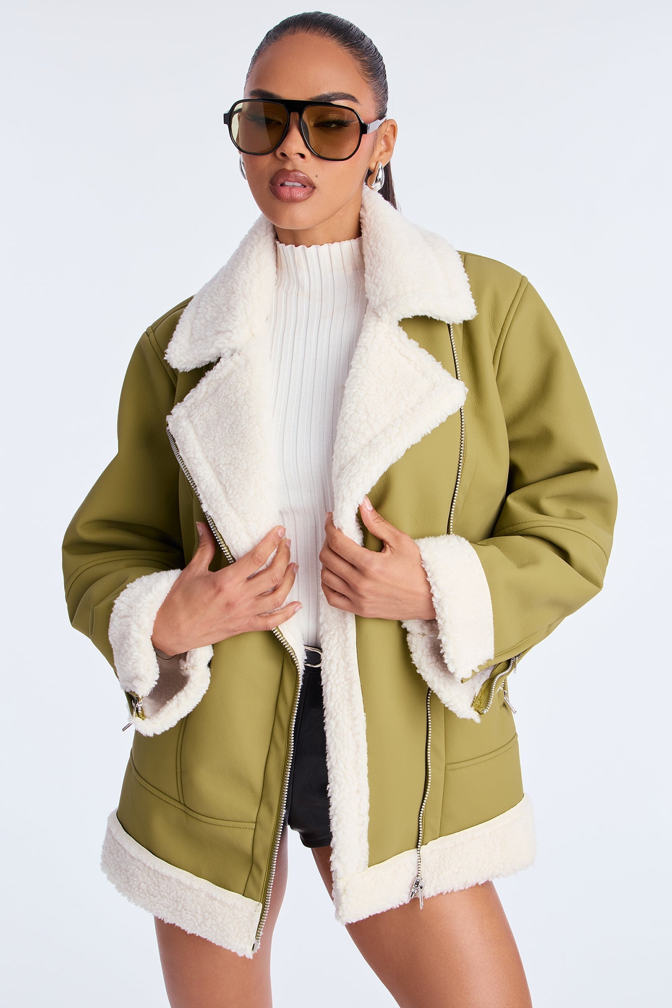 Simone Faux Leather Fur Lined Moto Jacket - Olive