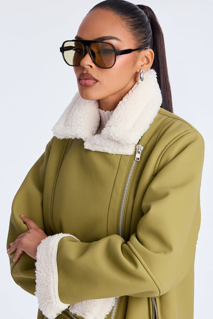 Simone Faux Leather Fur Lined Moto Jacket - Olive