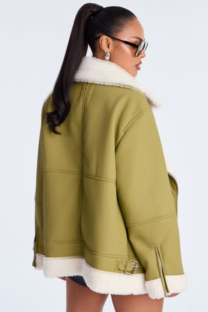 Simone Faux Leather Fur Lined Moto Jacket - Olive