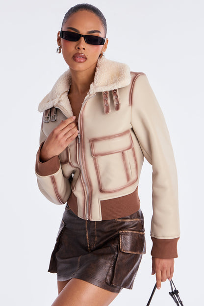 Juniper Washed Faux Leather Jacket - Beige/Brown