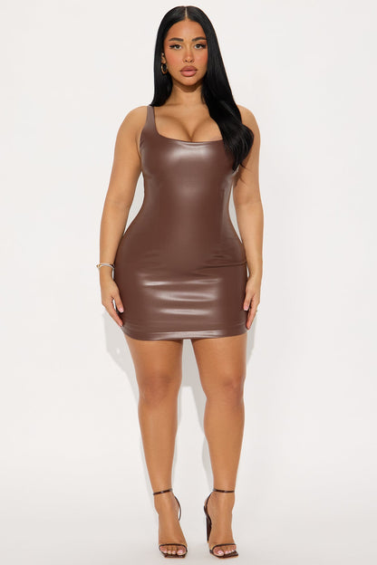 Slay The Night Faux Leather Mini Dress - Brown