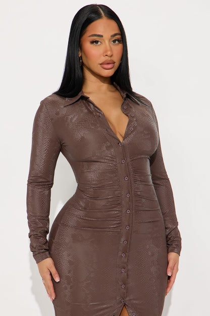 Venomous Snakeskin Faux Leather Midi Dress - Brown