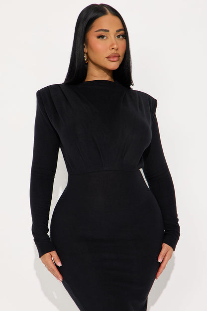 Calista Long Sleeve Sweater Midi Dress - Black