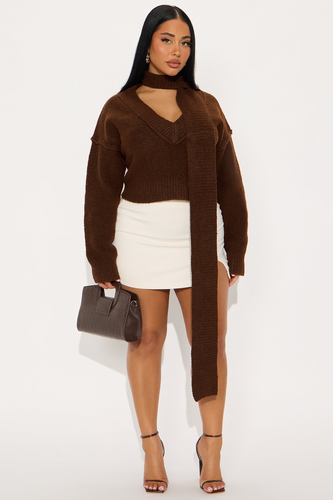 On Winter Time Neck Scarf Sweater - Chocolate