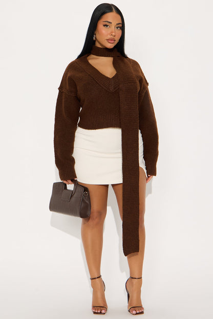 On Winter Time Neck Scarf Sweater - Chocolate